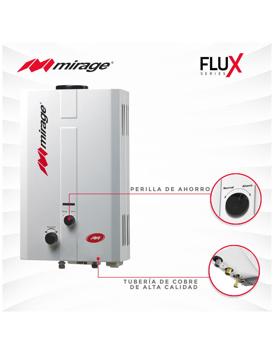 Calentador de Paso Mirage FLUX MBF06ED Gas LP 6 L/min, 1 Servicio, Baja Presión, Sin Piloto, Encendido Automático, Blanco