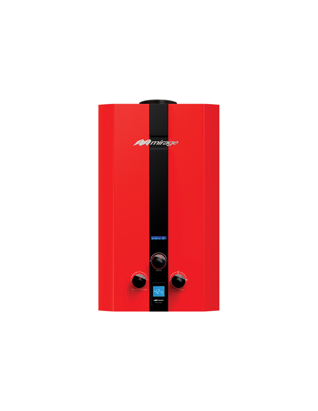 Boiler de Gas LP Mirage FLUX de 10 Litros por Minuto con Funcionamiento a Baja Presión de Agua, Encendido Automático, Calentamiento Instantáneo, Capacidad para 1 a 2 Servicios y Color Rojo