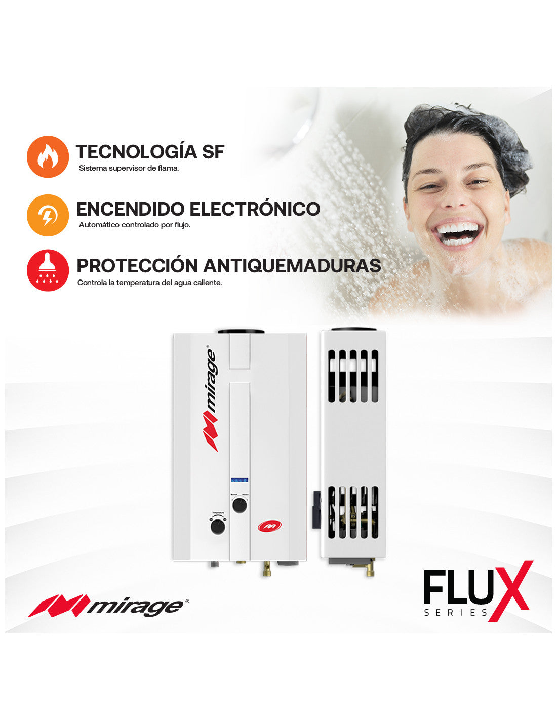 Calentador de Paso Mirage FLUX MBF06ED Gas LP 6 L/min, 1 Servicio, Baja Presión, Sin Piloto, Encendido Automático, Blanco