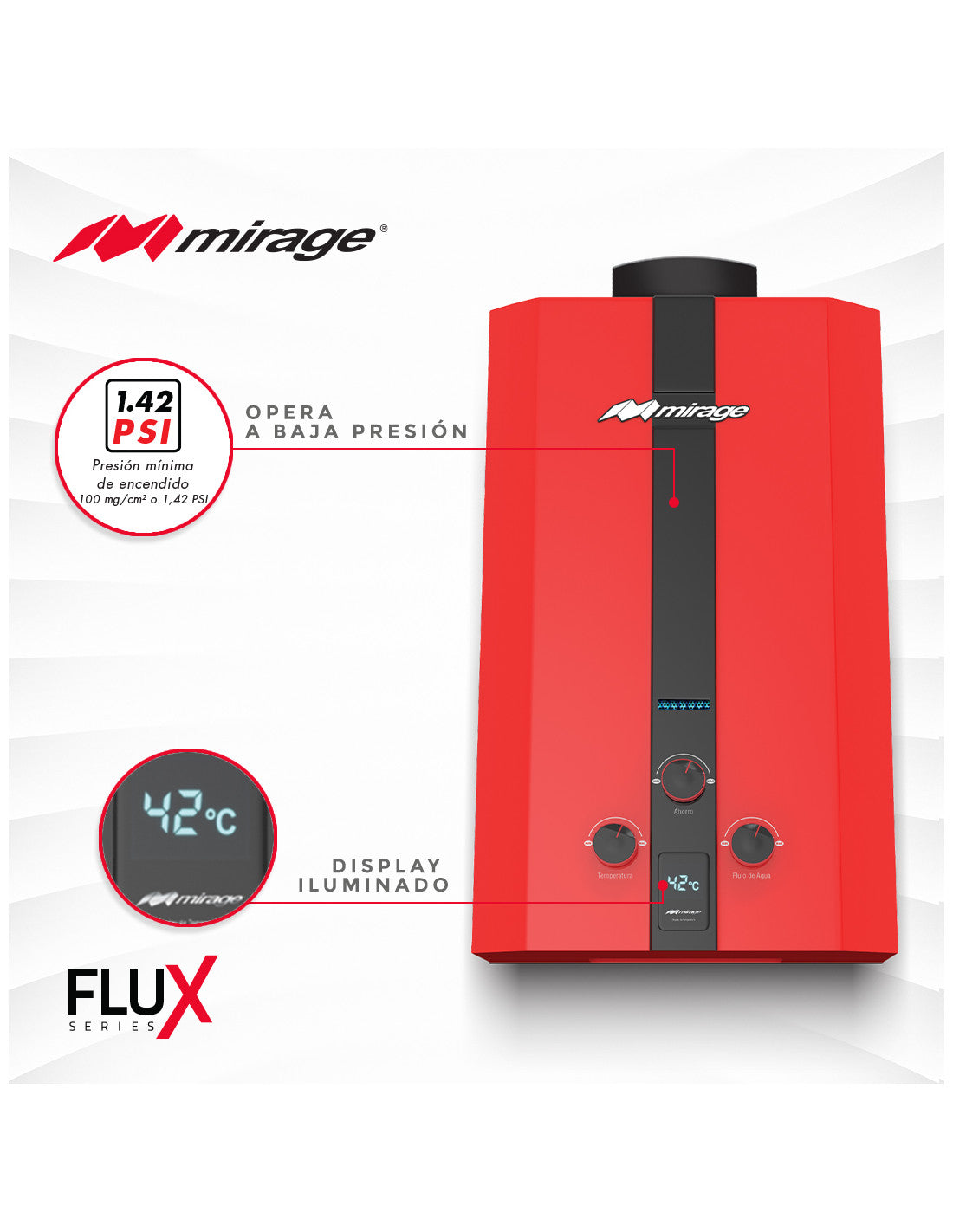 Boiler de Gas LP Mirage FLUX de 10 Litros por Minuto con Funcionamiento a Baja Presión de Agua, Encendido Automático, Calentamiento Instantáneo, Capacidad para 1 a 2 Servicios y Color Rojo