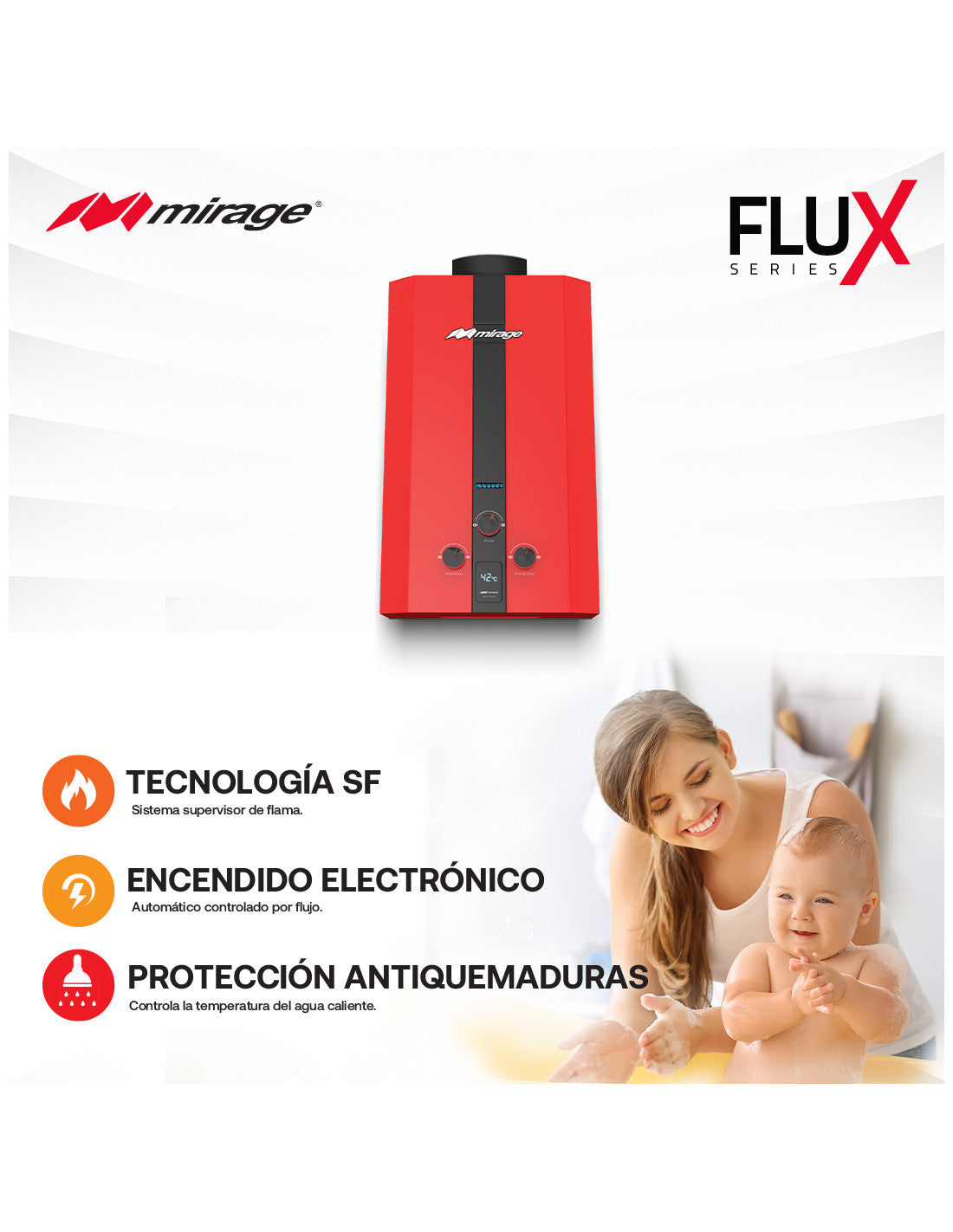 Boiler de Gas LP Mirage FLUX de 16 Litros por Minuto con Funcionamiento a Baja Presión de Agua, Encendido Automático, Alta Capacidad, Servicio para Hasta 3 Tomas de Agua y Color Rojo