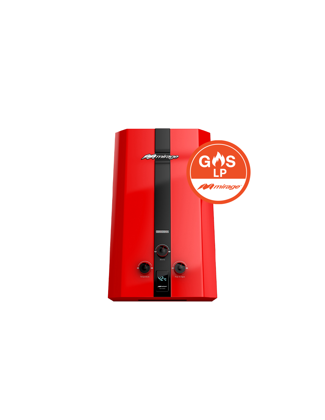 Boiler de Gas LP Mirage FLUX de 16 Litros por Minuto con Funcionamiento a Baja Presión de Agua, Encendido Automático, Alta Capacidad, Servicio para Hasta 3 Tomas de Agua y Color Rojo