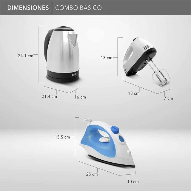 Combo Básico RCA RC-BS: Tetera Eléctrica 1.8 L, Plancha de Vapor 1200 W y Batidora de Mano 7 Velocidades