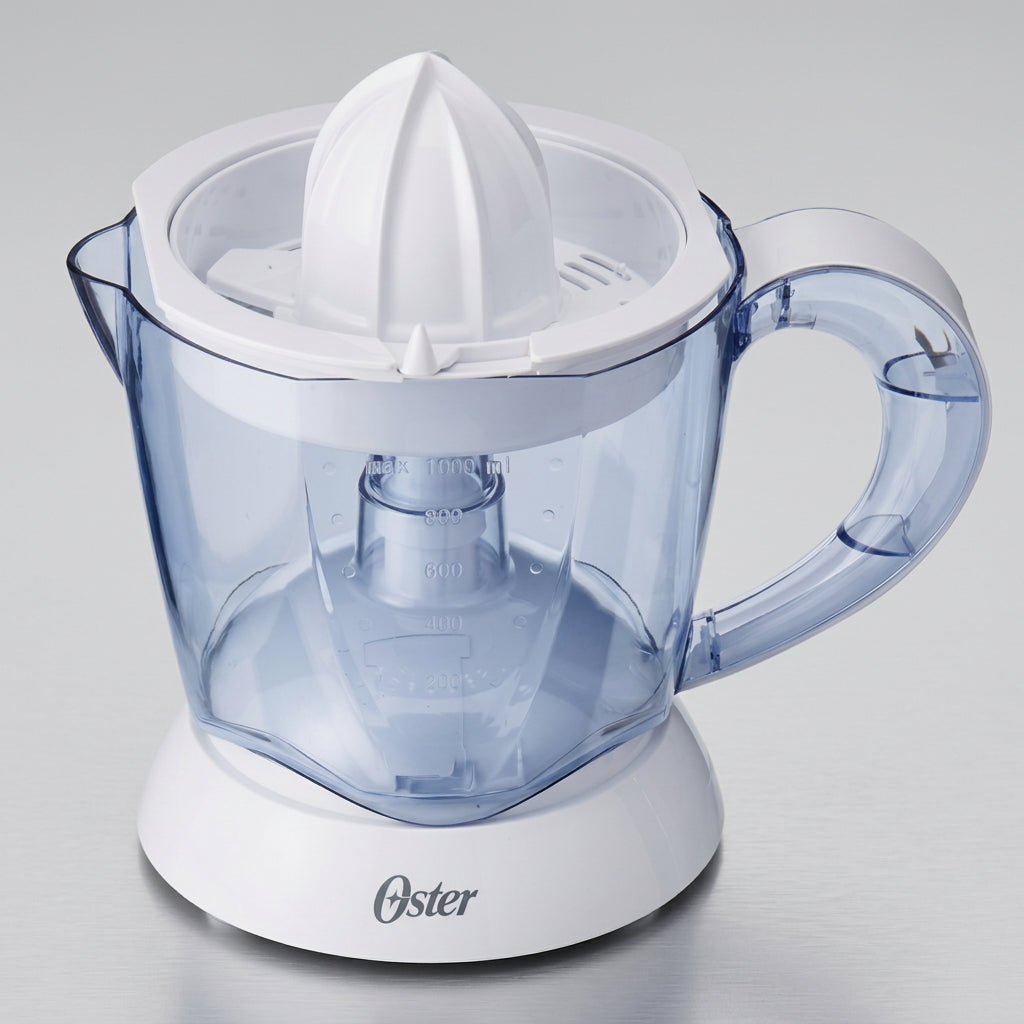 Exprimidor de Cítricos Oster FPSTJU407W 25 W, Rotación Bidireccional, 2 Conos, Colador Ajustable, Jarra 1 L, Blanco