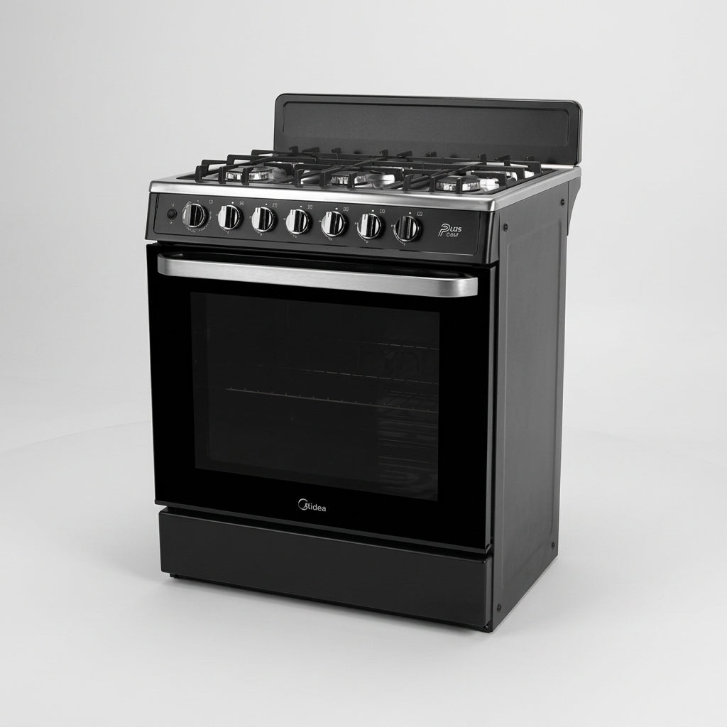 Estufa Midea Plus Chef Black 30" MGS30FS1BEABB, Cubierta Acero Inoxidable, 6 Quemadores Sellados, Horno 146 L, Comal Hierro Fundido, Negra