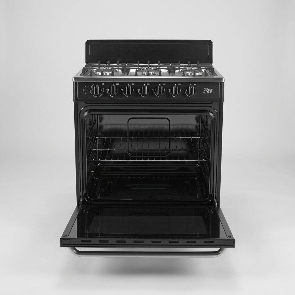 Estufa Midea Plus Chef Black 30" MGS30FS1BEABB, Cubierta Acero Inoxidable, 6 Quemadores Sellados, Horno 146 L, Comal Hierro Fundido, Negra