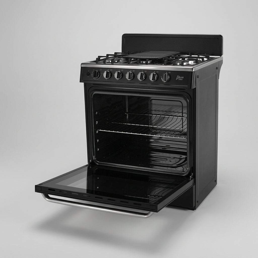 Estufa Midea Plus Chef Black 30" MGS30FS1BEABB, Cubierta Acero Inoxidable, 6 Quemadores Sellados, Horno 146 L, Comal Hierro Fundido, Negra