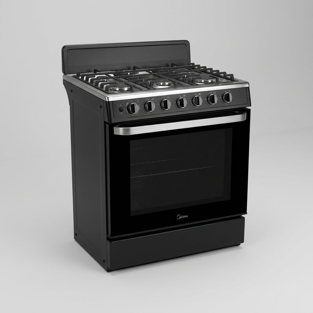 Estufa Midea Plus Chef Black 30" MGS30FS1BEABB, Cubierta Acero Inoxidable, 6 Quemadores Sellados, Horno 146 L, Comal Hierro Fundido, Negra