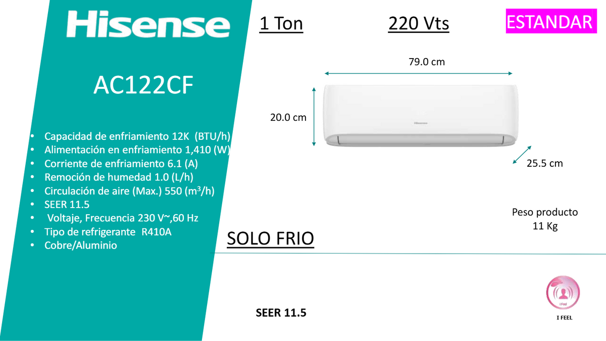 Hisense AC122CF / Minisplit Solo Frío 1 Ton (12,000 BTU) 230V