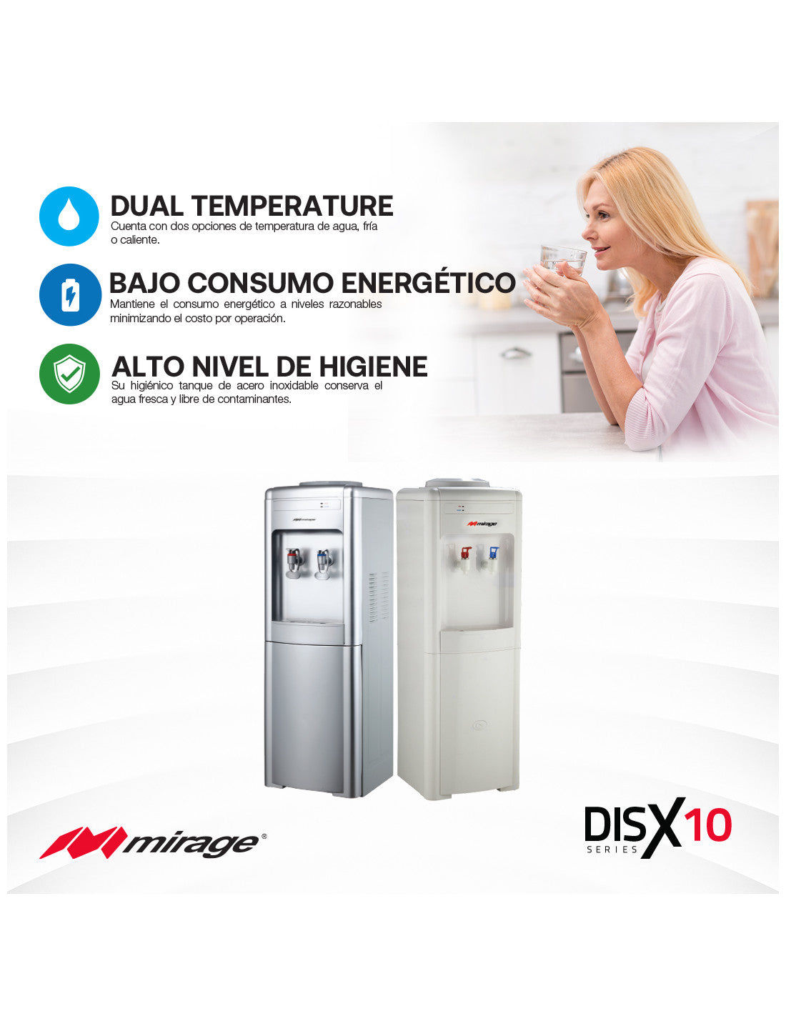 Dispensador de Agua Mirage DISX10 MDD10CS de Piso, Fría y Caliente, Enfriamiento por Compresor, Garrafón Superior, Plata