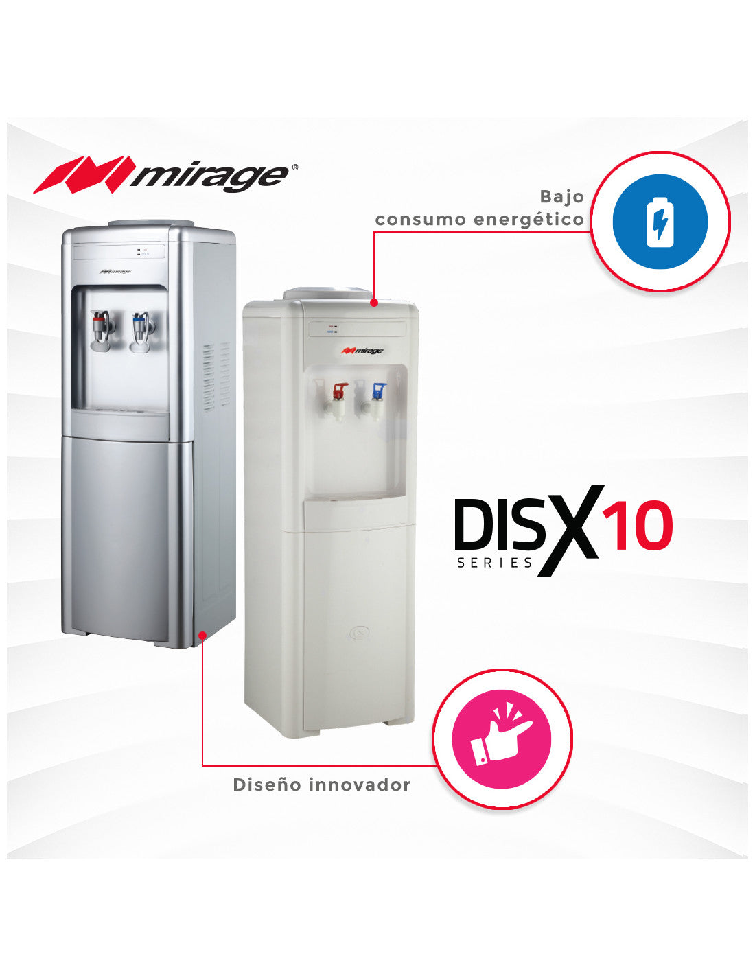 Dispensador de Agua Mirage DISX10 MDD10CS de Piso, Fría y Caliente, Enfriamiento por Compresor, Garrafón Superior, Plata