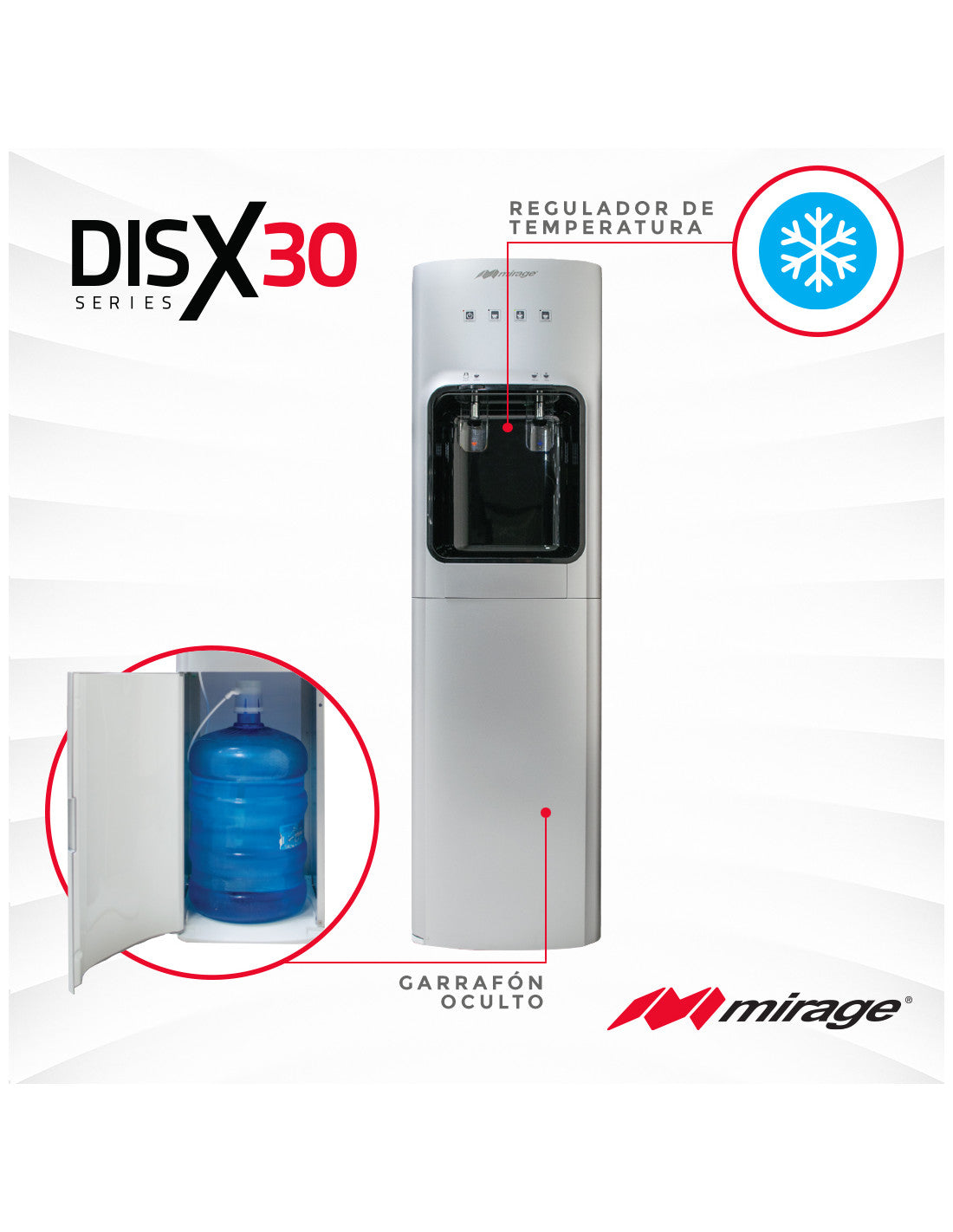 Dispensador de Agua Mirage DISX30 MDD30HC de 110 cm de Alto con 3 Temperaturas, Carga Inferior, Sistema de Enfriamiento por Compresor y Acabado en Acero Inoxidable
