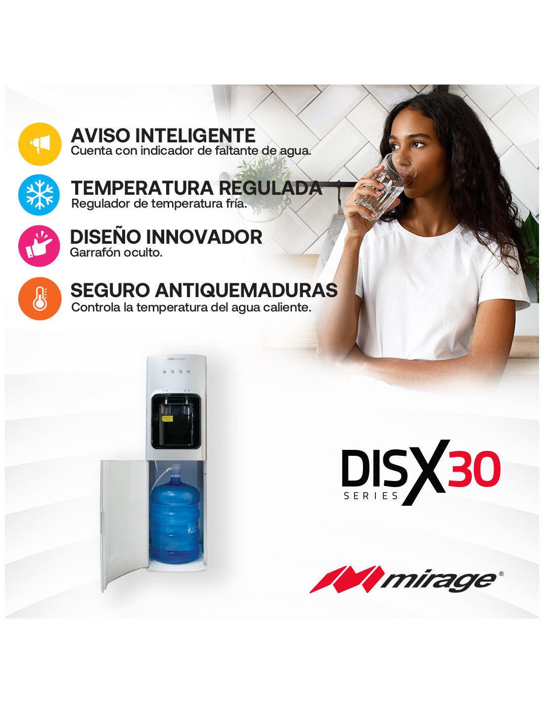 Dispensador de Agua Mirage DISX30 MDD30HC de 110 cm de Alto con 3 Temperaturas, Carga Inferior, Sistema de Enfriamiento por Compresor y Acabado en Acero Inoxidable