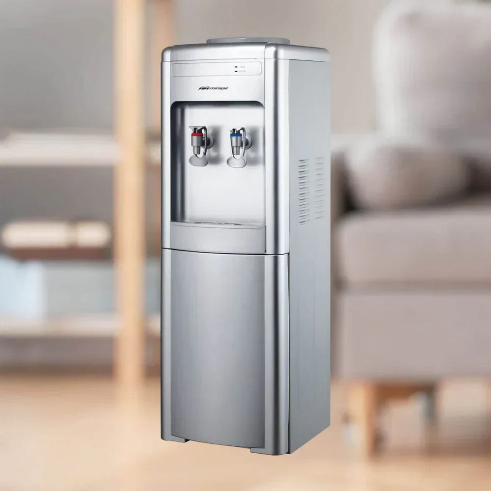 Dispensador de Agua Mirage DISX10 MDD10CS de Piso, Fría y Caliente, Enfriamiento por Compresor, Garrafón Superior, Plata