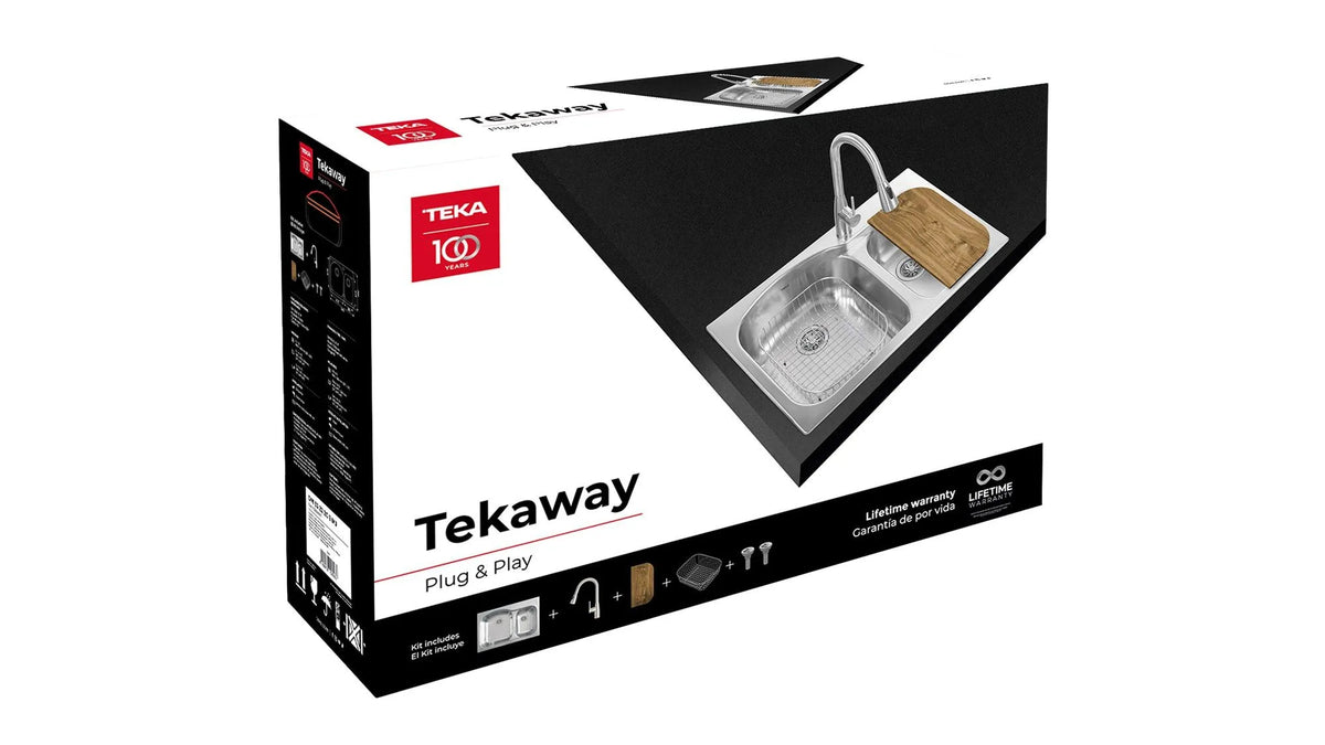 Paquete Tarja Teka Tekaway 2 Tinas 84 × 56 cm Acero Inoxidable + Monomando Extraíble + Accesorios, DM 33.22 2C 9 MJ
